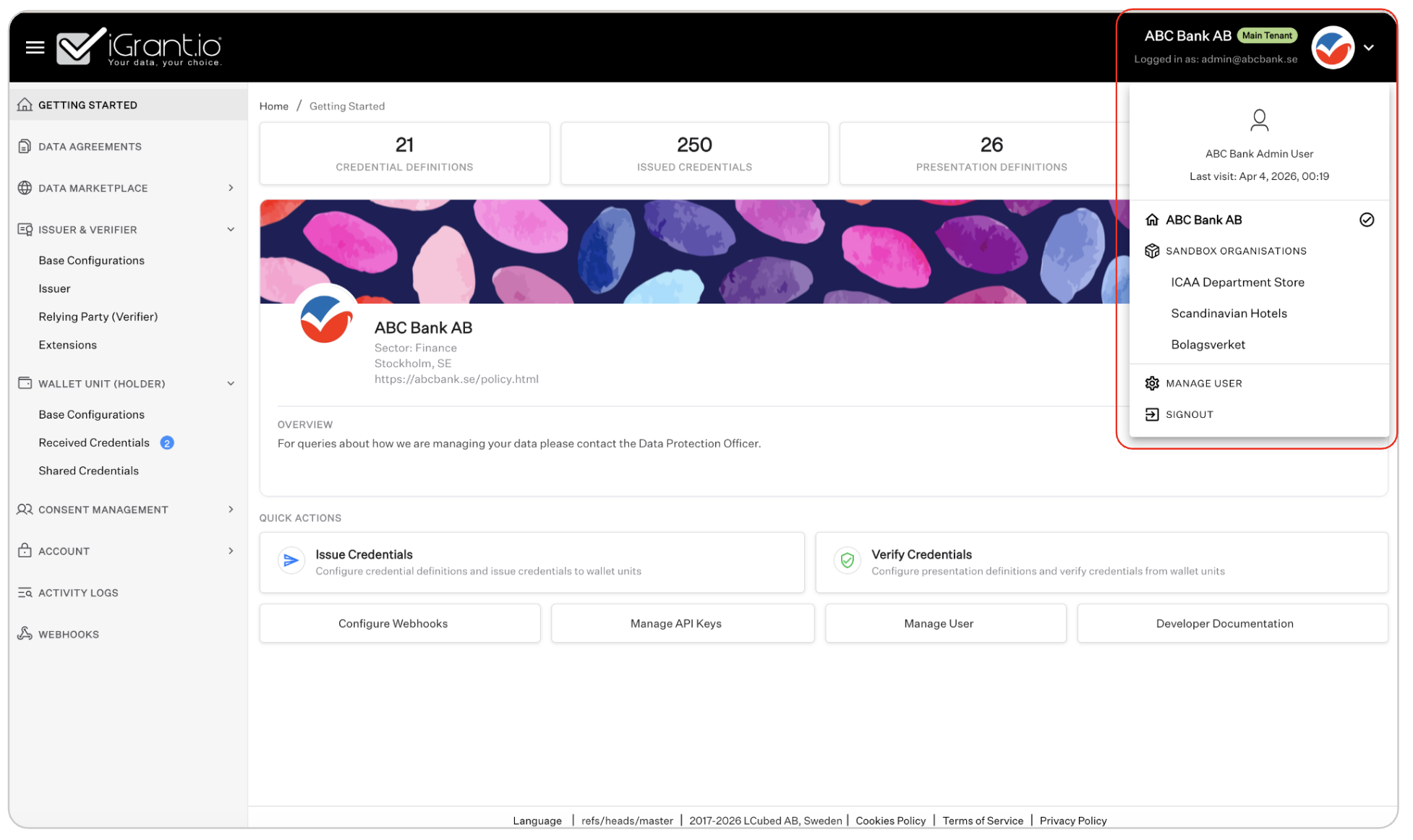 Profile dropdown showing Sandbox Organisations