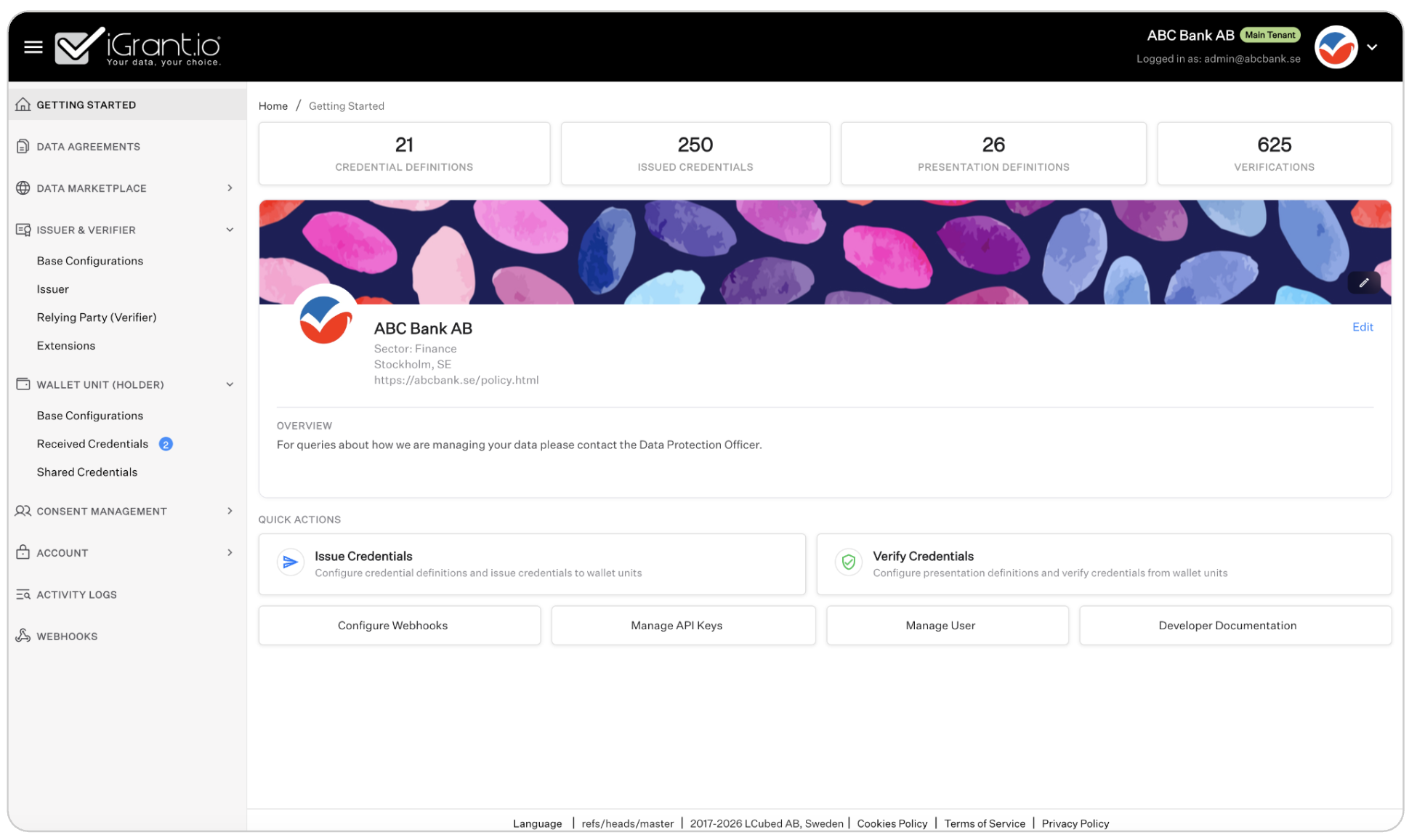 Main tenant dashboard showing full navigation and Main Tenant badge
